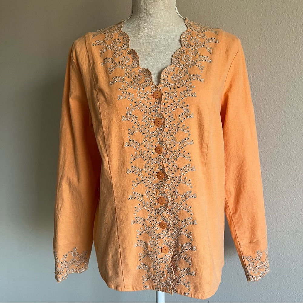 Susan Graver peach linen blend silver thread embroidered women’s top ,  jacket M